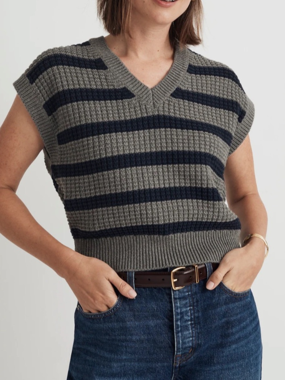 Madewell Waffle-Knit Sweater Vest Sze XS Oversized 100% Cotton Navy Gray NO202